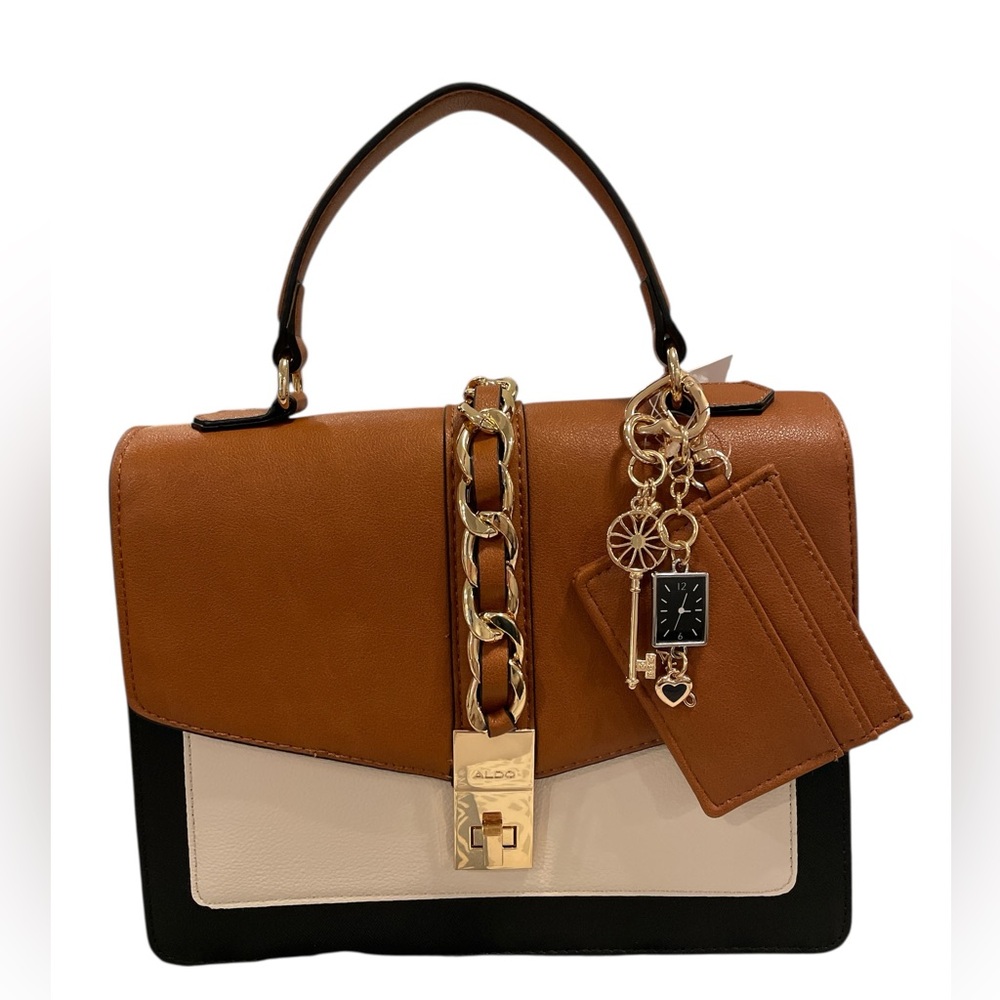 Aldo Caiilla Top Handle Satchel/Crossbody Bag Brown Black/Cream Color Block NWT